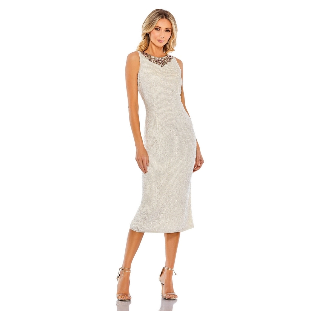 NWT Size 6 Mac Duggal Porcelain Cream Fully Embellished Midi Gown